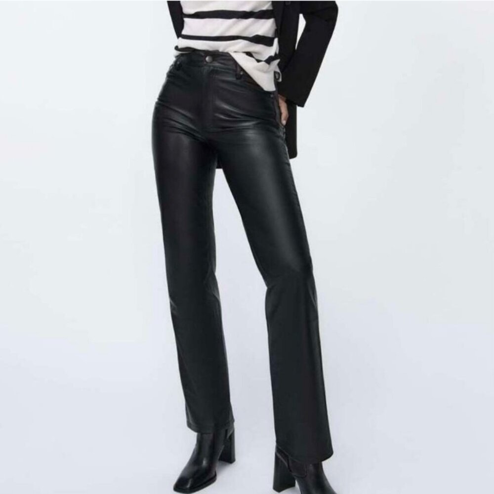 Zara Faux Leather 90's Wide Leg Black Pants Size 12